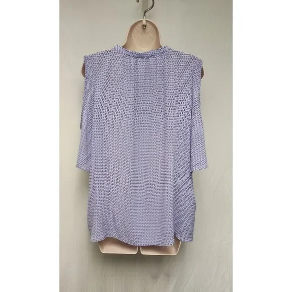 Michael Kors Cold Shoulder Short Sleeve Front Tie Blue/White Floral Sheer Top XL - Picture 4 of 7